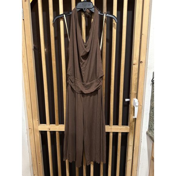 Y2K BCBGMAXAZRIA Jumpsuit Womens Medium Brown Halter Wide Leg Cropped USA Made - Picture 1 of 6